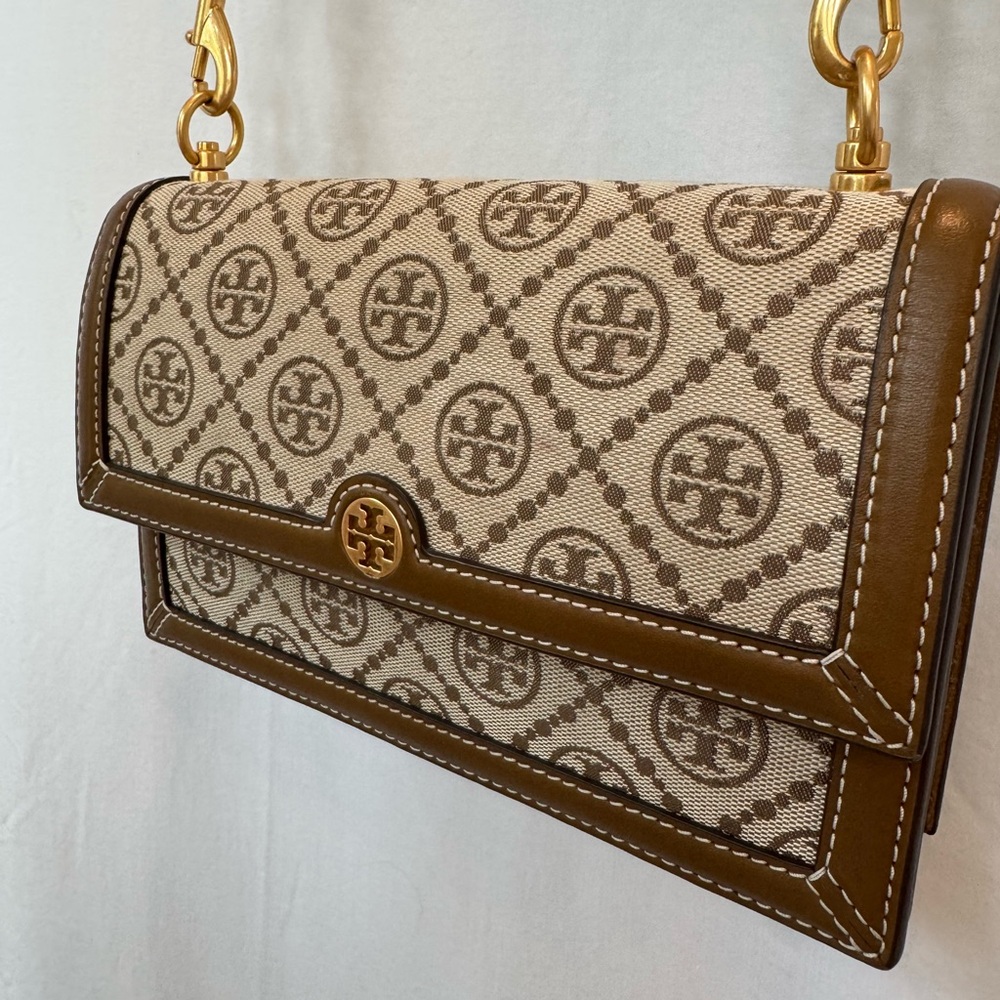 Tory Burch Jacquard Crossbody Bag | Brown Logo Canvas with Adjustable Strap